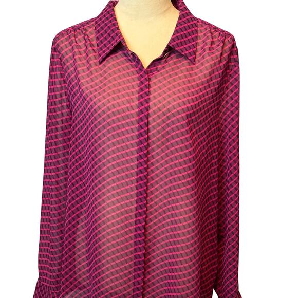Liz Claiborne Vibrant Purple Pink Sheer Button Up Blouse Cross Plaid Large - Picture 1 of 8